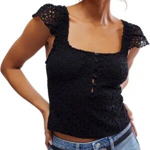 Free People Alma Eyelet Cat sleeve Black Top